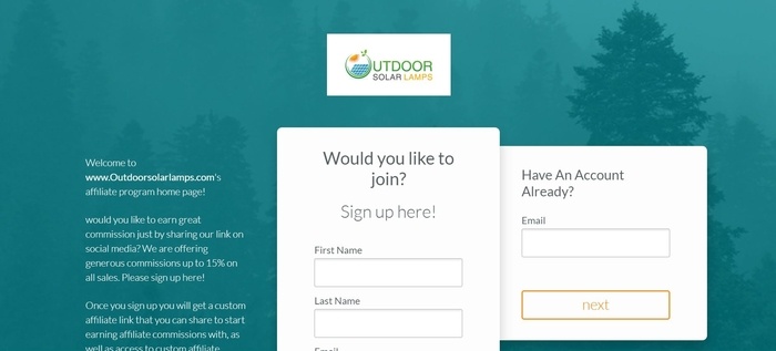 screenshot of the affiliate sign up page for Outdoor Solar Lampss