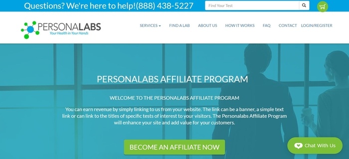 screenshot of the affiliate sign up page for Personalabs