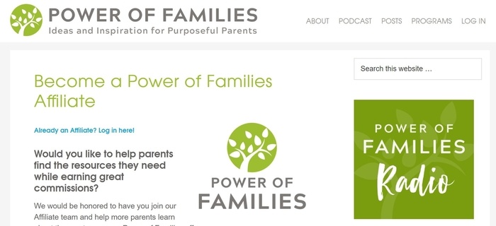 screenshot of the affiliate sign up page for Power of Families