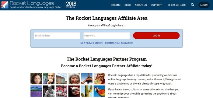 screenshot of the affiliate sign up page for Rocket Languages