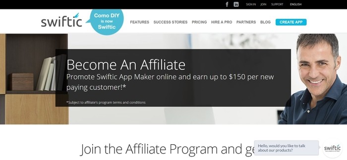 screenshot of the affiliate sign up page for Swiftic