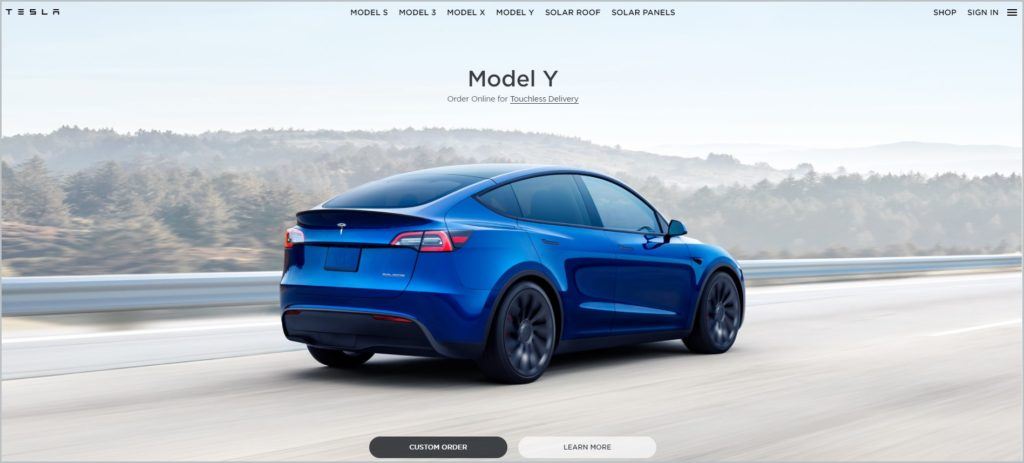 screenshot of Tesla homepage