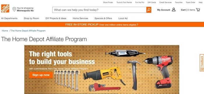 screenshot of the affiliate sign up page for The Home Depot