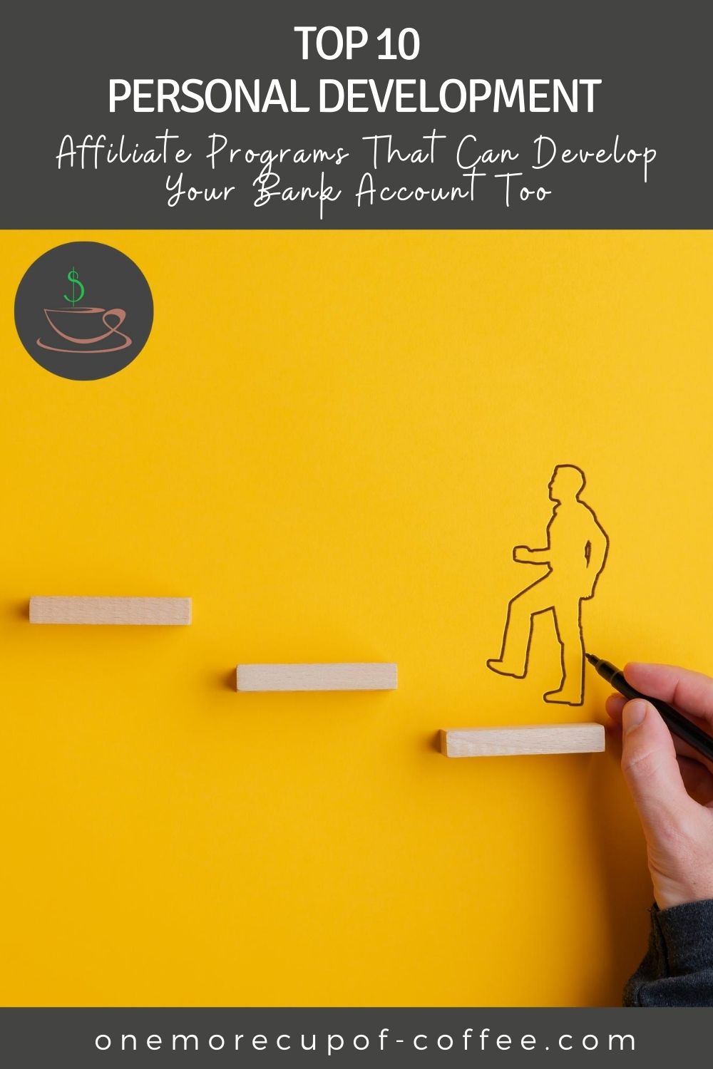 hand drawing a line drawing of a man ascending a wooden ladder against a yellow background; with text at the top "Top 10 Personal Development Affiliate Programs That Can Develop Your Bank Account Too"