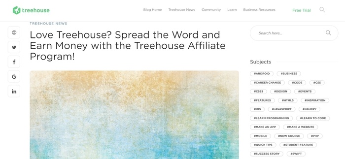 screenshot of the affiliate sign up page for Treehouse