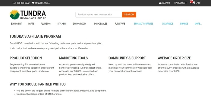 screenshot of the affiliate sign up page for Tundra Restaurant Supply