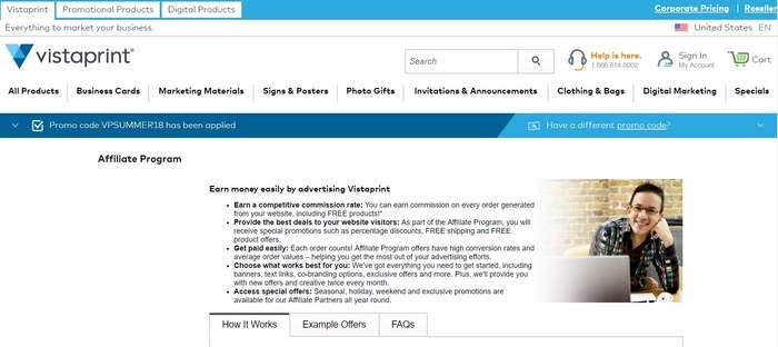 screenshot of the affiliate sign up page for VistaPrint