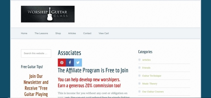 screenshot of the affiliate sign up page for Worship Guitar Class