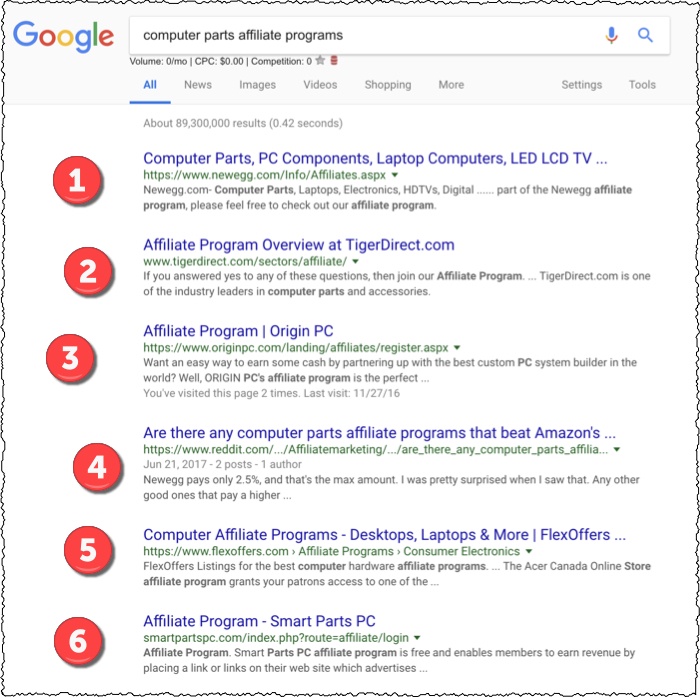 example search for affiliate programs in Google