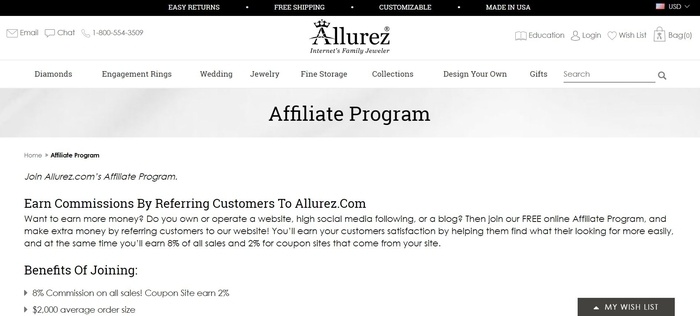 screenshot of the affiliate sign up page for Allurez