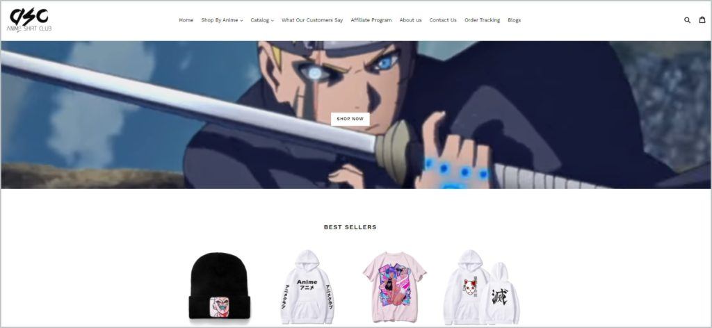 screenshot of Anime Shirt Club home page