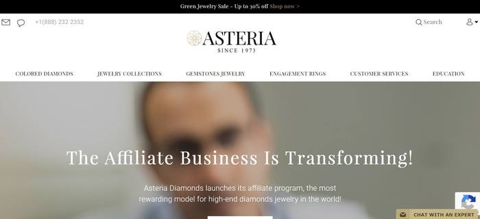 screenshot of the affiliate sign up page for Asteria Diamonds