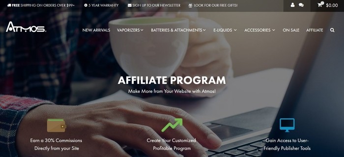 screenshot of the affiliate sign up page for Atmos