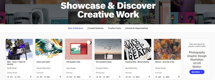 Behance website screenshot showing various designs from creators with information about likes and views.