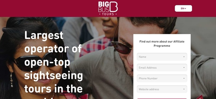 screenshot of the affiliate sign up page for Big Bus Tours