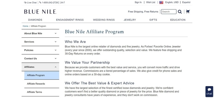 screenshot of the affiliate sign up page for Blue Nile