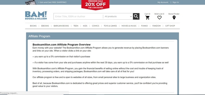 screenshot of the affiliate sign up page for Booksamillion.com