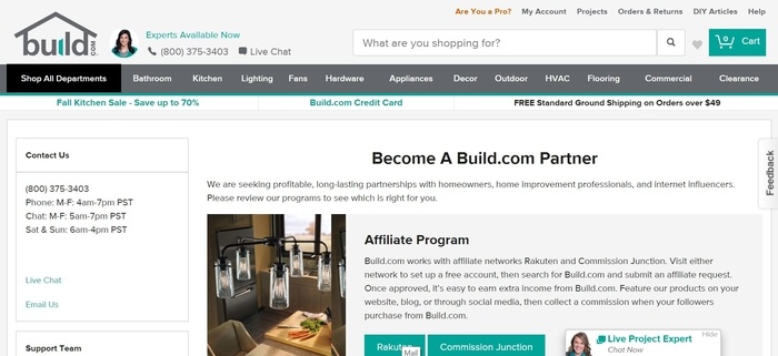 screenshot of the affiliate sign up page for Build.com