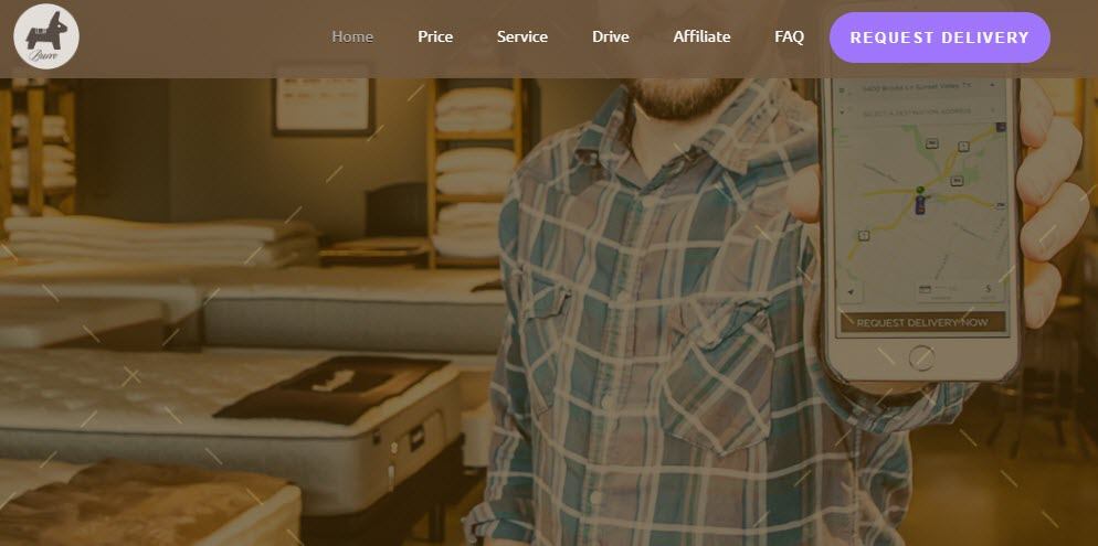 Burro Website Screenshot showing a young man holding a phone in a mattress store