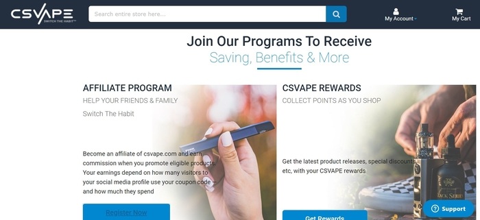 screenshot of the affiliate sign up page for CSVAPE