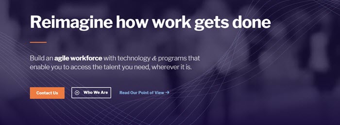 Catalant website screenshot showing a purple stylized background mage, with text that talks about having an agile workforce and reimagining how work is done. 