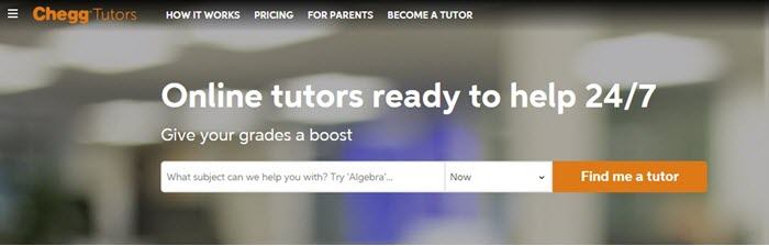 Chegg website screenshot showing a blurred out background image, with text that talks about online tutors. 