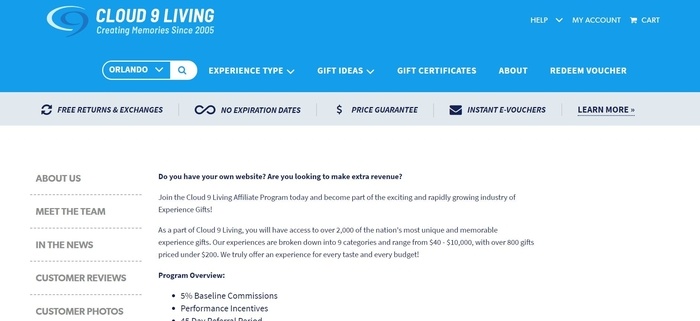 screenshot of the affiliate sign up page for Cloud 9 Living