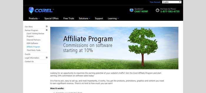 screenshot of the affiliate sign up page for Corel