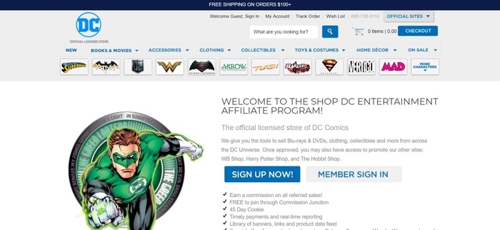  screenshot of the affiliate sign up page for DC Entertainment