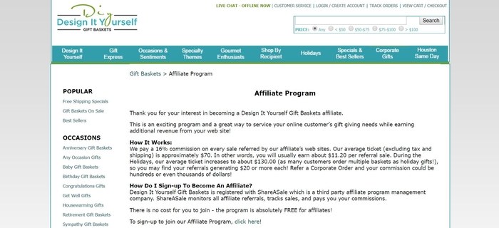 screenshot of the affiliate sign up page for Design It Yourself Gift Baskets