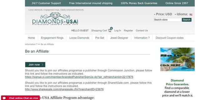 screenshot of the affiliate sign up page for Diamond-USA