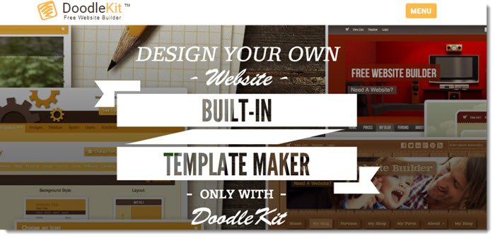 DoodleKit website screenshot showing a background image of three websites, along with white text about the template maker