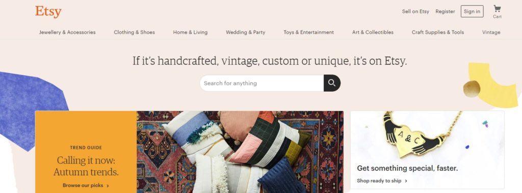 Etsy website screenshot showing an image of cushions on a rug, along with a hand crafted necklace and the various menus from Etsy. 