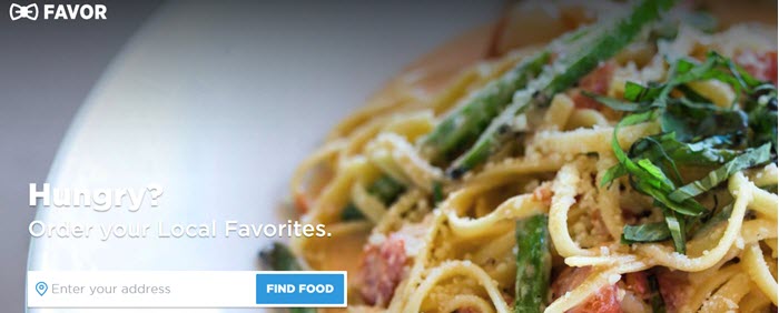 Favor website screenshot showing a bowl of fresh pasta with greens and tomatoes. 