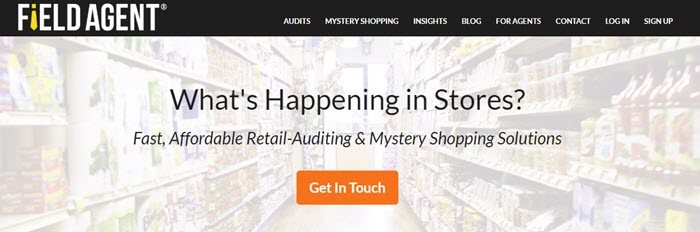 Field Agent website screenshot showing a washed out background image of a grocery store, with text about learning what is happening in stores. 