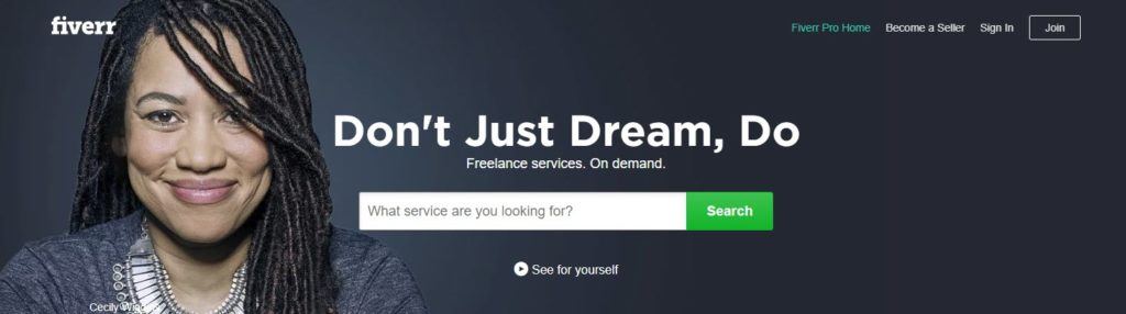 Fiverr website screenshot showing a young woman against a black background, smiling at the camera. 