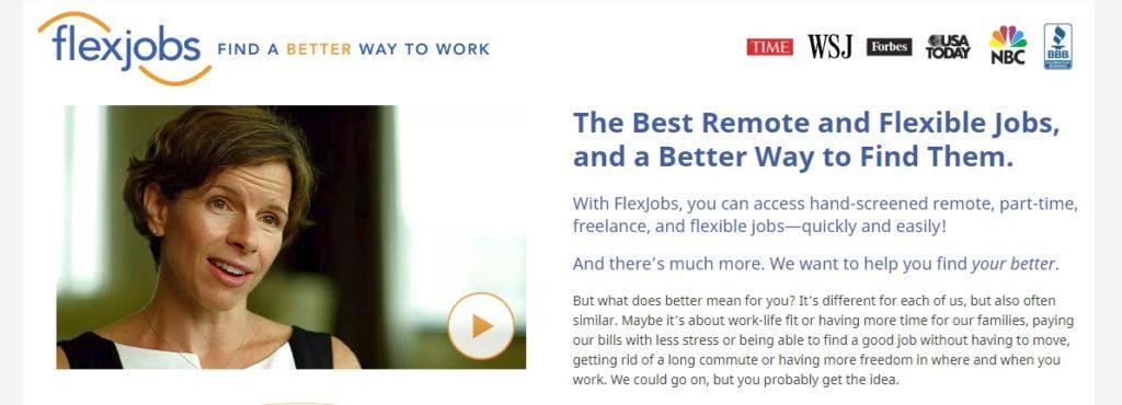 FlexJobs website screenshot showing a paused video of a woman with shirt hair, along with text about remote and flexible jobs. 