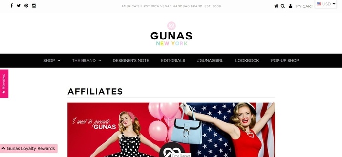 screenshot of the affiliate sign up page for GUNAS