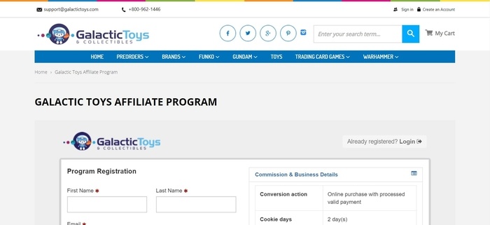 screenshot of the affiliate sign up page for Galactic Toys