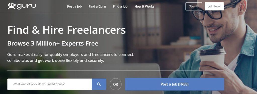 Guru website screenshot showing a young man with glasses and a coffee working on his laptop, along with text about finding and hiring freelancers. 