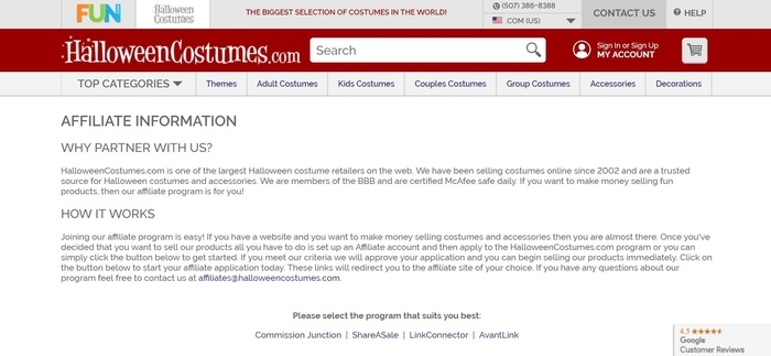 screenshot of the affiliate sign up page for Halloween Costumes