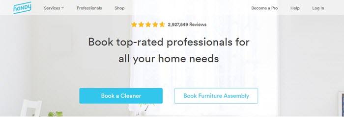 Handy website screenshot showing a background image of a clean and well-lit room, with text that talks about booking top-rated professionals. 