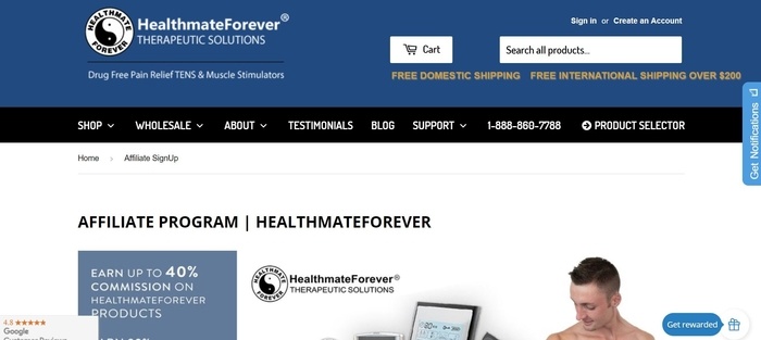 screenshot of the affiliate sign up page for HealthmateForever