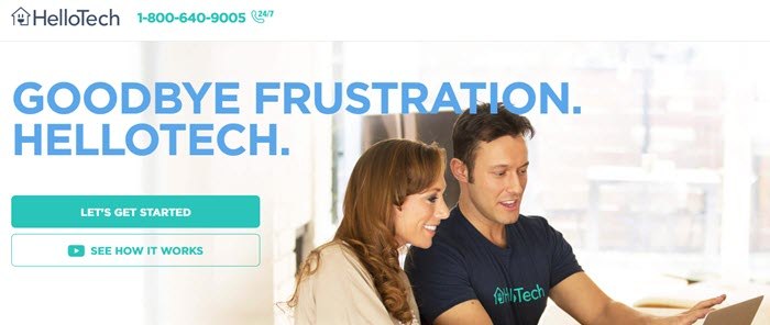 HelloTech website screenshot showing a woman and a young man in a HelloTech shirt looking at a tablet. 