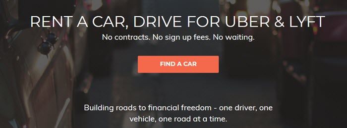 HyreCar website screenshot showing an out of focus image of cars in traffic, along with text that talks about renting a car to drive.