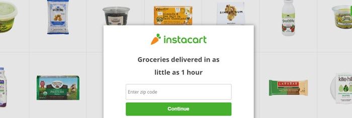 Instacart website screenshot showing a selection of different foods and a box for users to enter their zip code. 