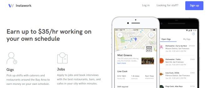 Instawork website screenshot showing an image of the Android and iPhone app, along with information about gigs and jobs. 