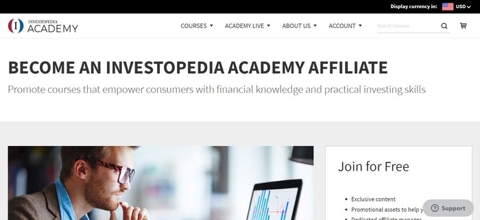 screenshot of the affiliate sign up page for Investopedia Academy