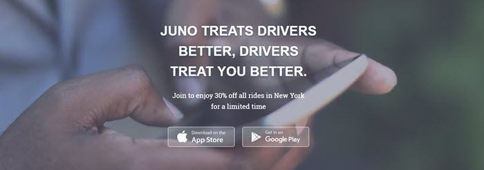 Juno website screenshot showing a closeup image of a man’s hands as he uses a smartphone. 