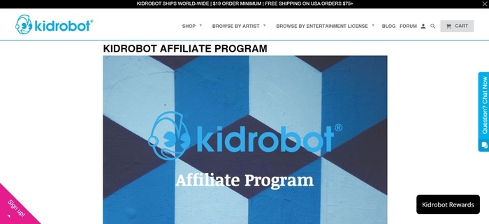 screenshot of the affiliate sign up page for Kiddrobot